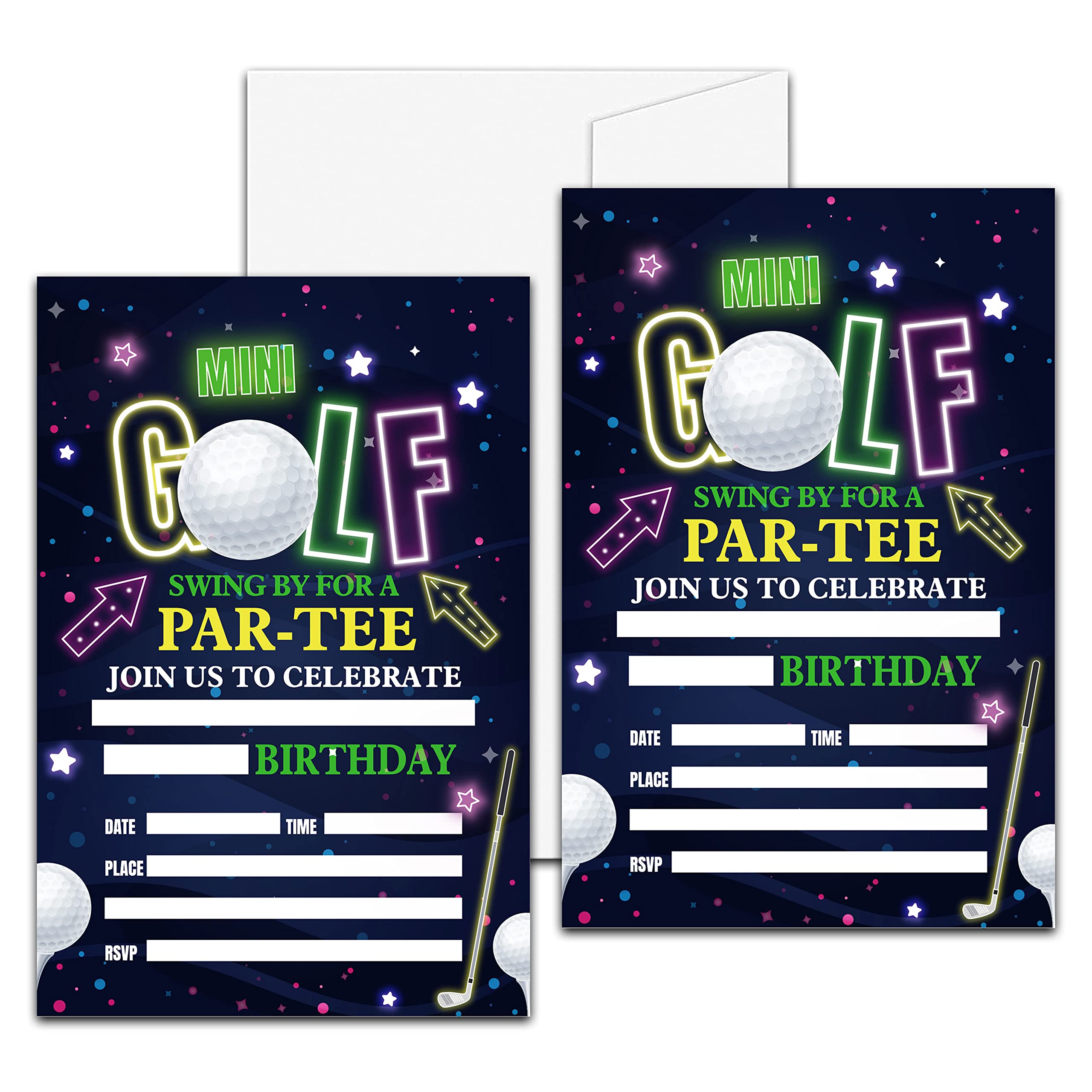 Golf Birthday Party Invitation, Mini Golf Themed Fill-In Invites, 20 Invitations With Envelopes for Friends (4" X 6"), Neon Glow Party Favors Decorations and Supplies -47