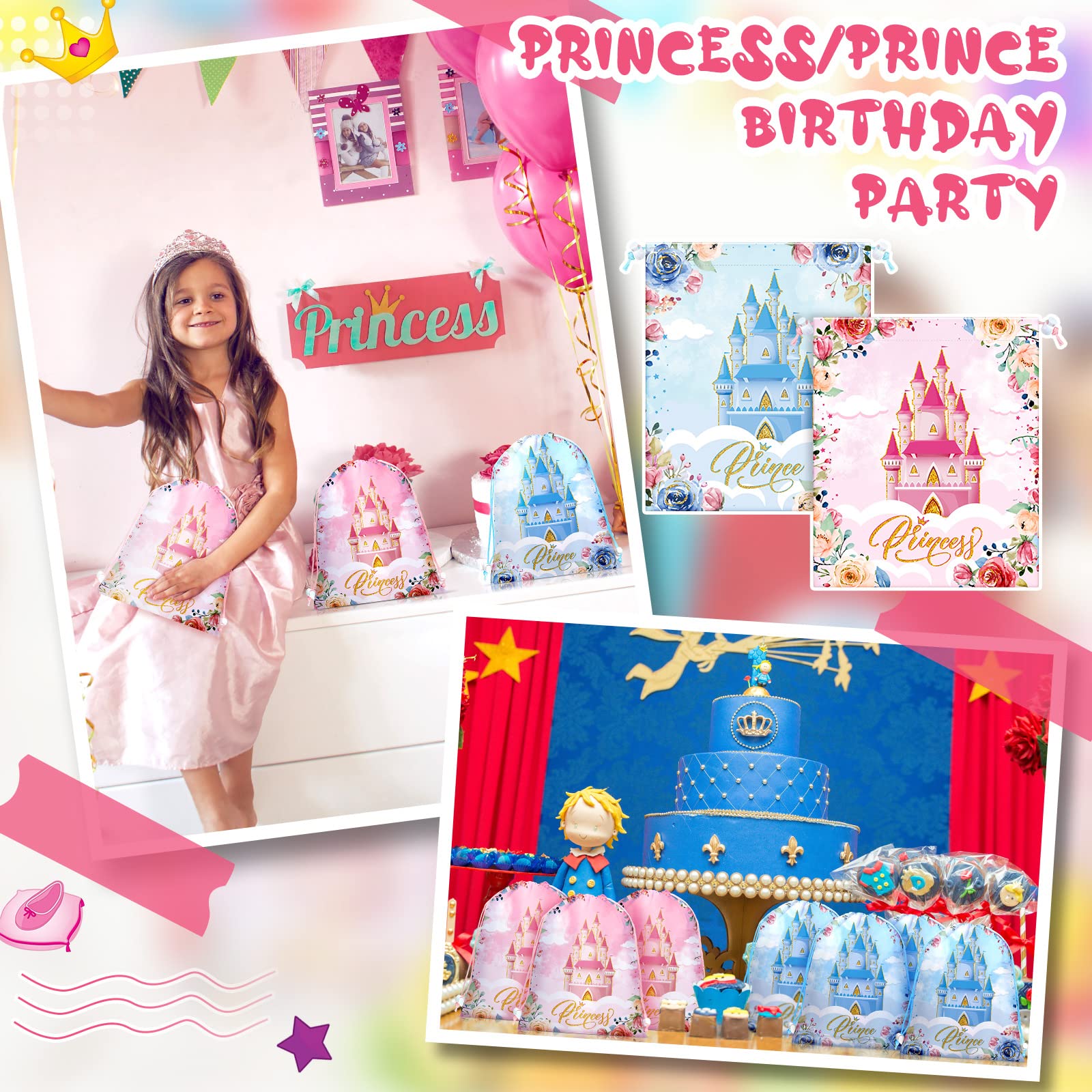 Riakrum 24 Pcs Prince Princess Party Favor Bags Pink Blue Drawstring Princess Goodie Bags Floral Castle Prince Princess Gift Bags Candy Bags for Birthday Baby Shower Decoration Supplies 11.8 x 9.8''