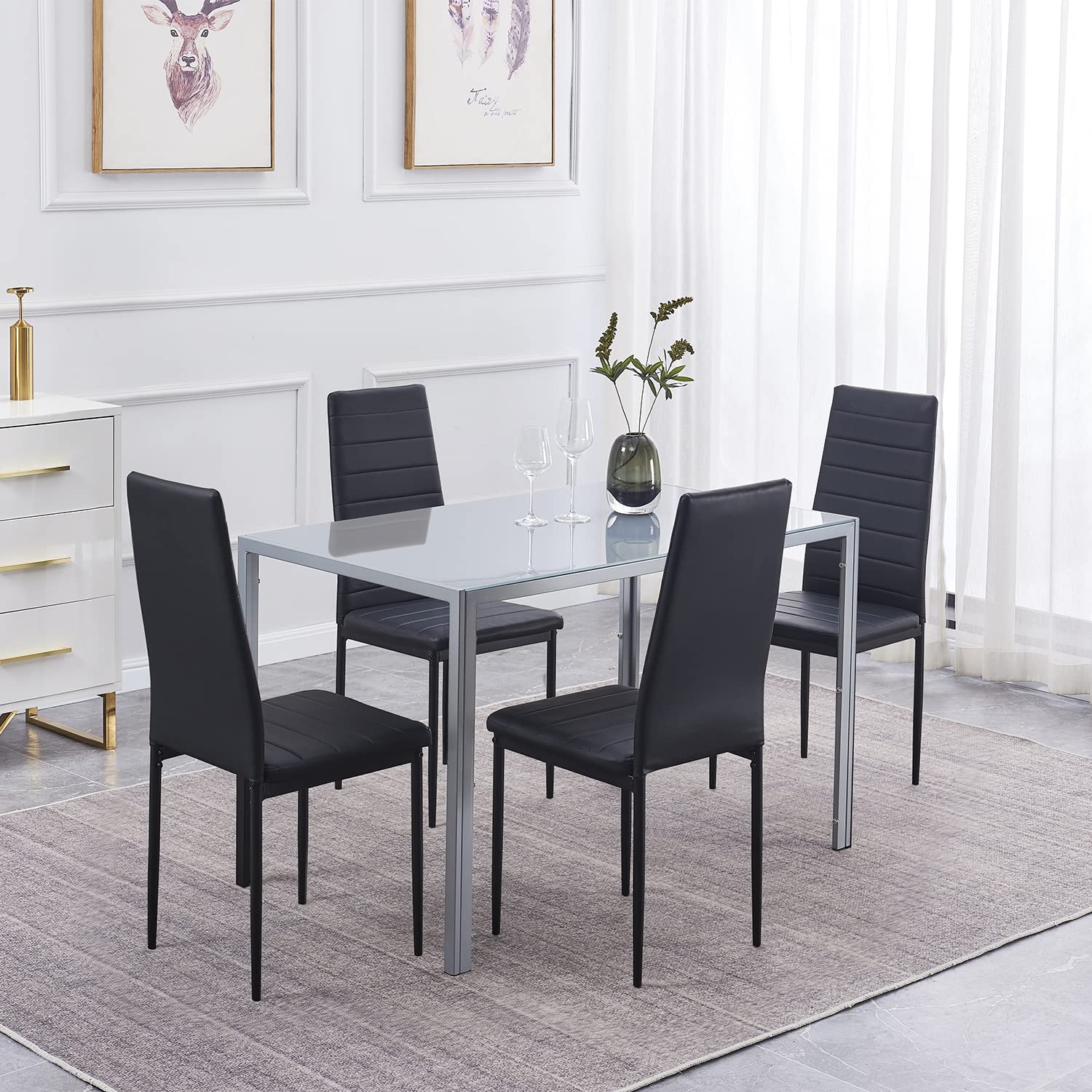 ROZHOME Dining Table Set for 4, 5 Piece Kitchen Table and Chairs for Dinette, Apartment, Compact Space-Saving w/Tempered Glass Tabletop and 4 Upholstered Chairs, Gray+Black