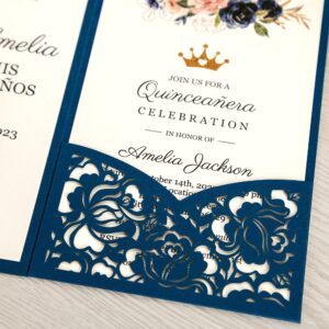 DORIS HOME 50pcs Laser Cut Quinceanera Invitations Blue, 4.7x7.1 Personalized Quince Invitations for 15th Birthday, Invitation cards for Sweet 16 with Envelopes