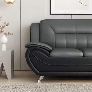 Container Furniture Direct Modern Style Faux Leather Loveseat with Extra Comfortable Pillow Top Armrests Ideal for Living Room, Bedroom or Home Office Couch, 61.3’’ Wide, Grey/Black