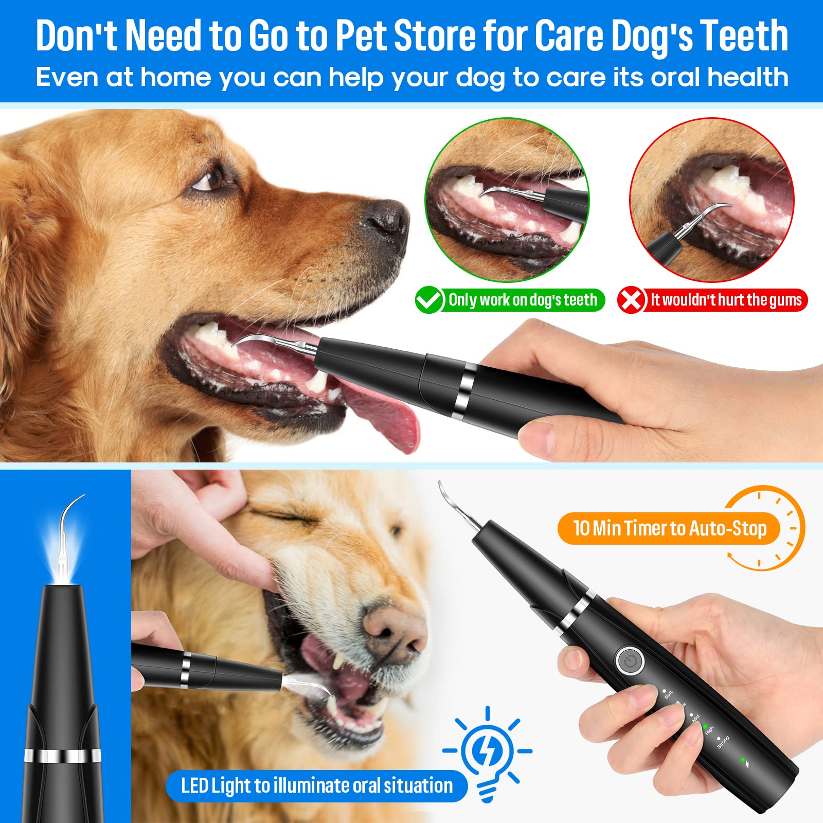 Ultrasonic Dog Teeth Cleaning Kit for Pet Teeth Cleaning, Dog Plaque Remover for Teeth, 5 Modes Dog Tartar Remover for Teeth Care to Remove Stains Calculus, 10 in 1 Pet Cleaner Toothbrush (Black)