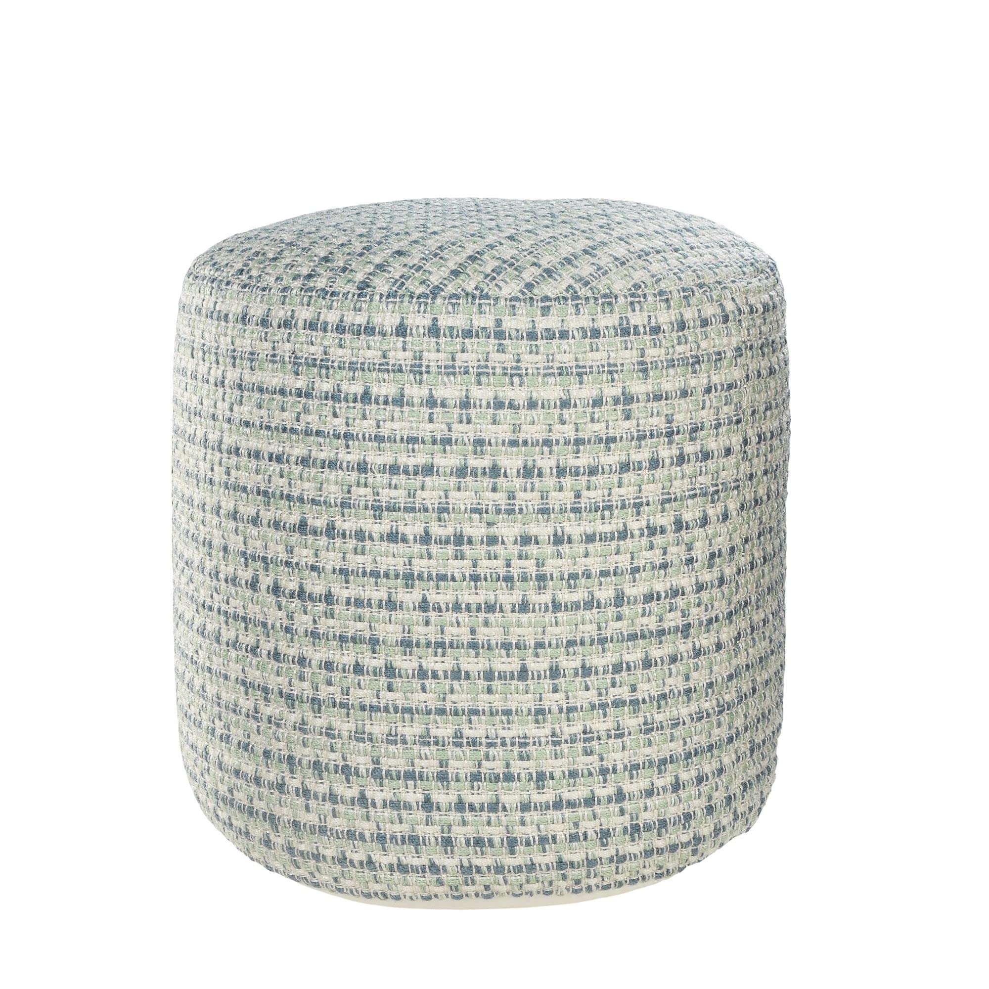 CC Home Furnishings 20" Blue and Green Interwoven Coastal Round Outdoor Patio Pouf Ottoman