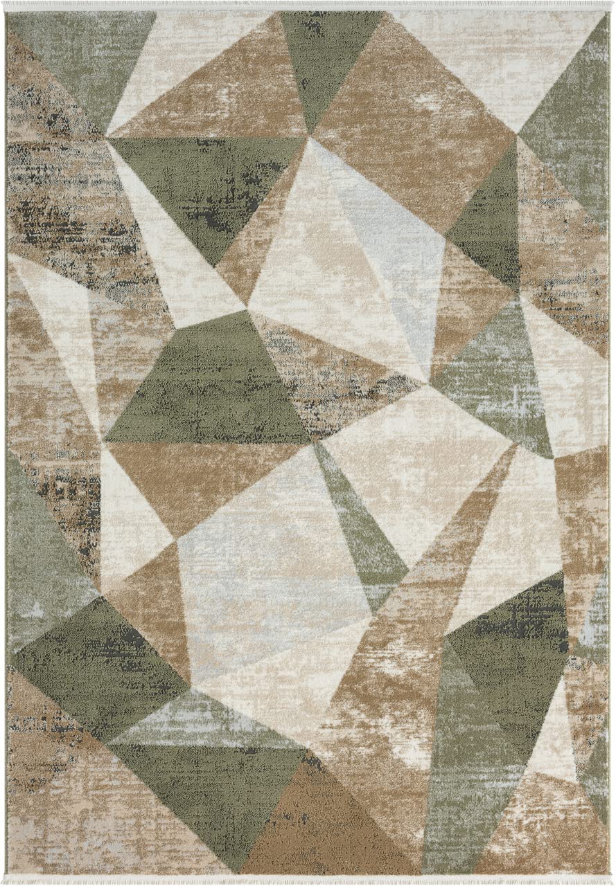 Abani Savoy Collection Area Rug - Green and Cream Geometric Design - 6'x9' - Easy to Clean - Durable for Kids and Pets - Non-Shedding - Medium Pile - Soft Feel - for Living Room, Bedroom, and Office