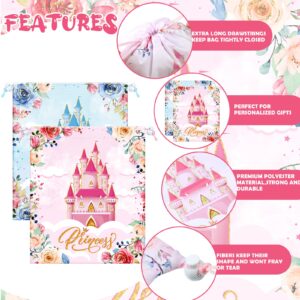 Riakrum 24 Pcs Prince Princess Party Favor Bags Pink Blue Drawstring Princess Goodie Bags Floral Castle Prince Princess Gift Bags Candy Bags for Birthday Baby Shower Decoration Supplies 11.8 x 9.8''