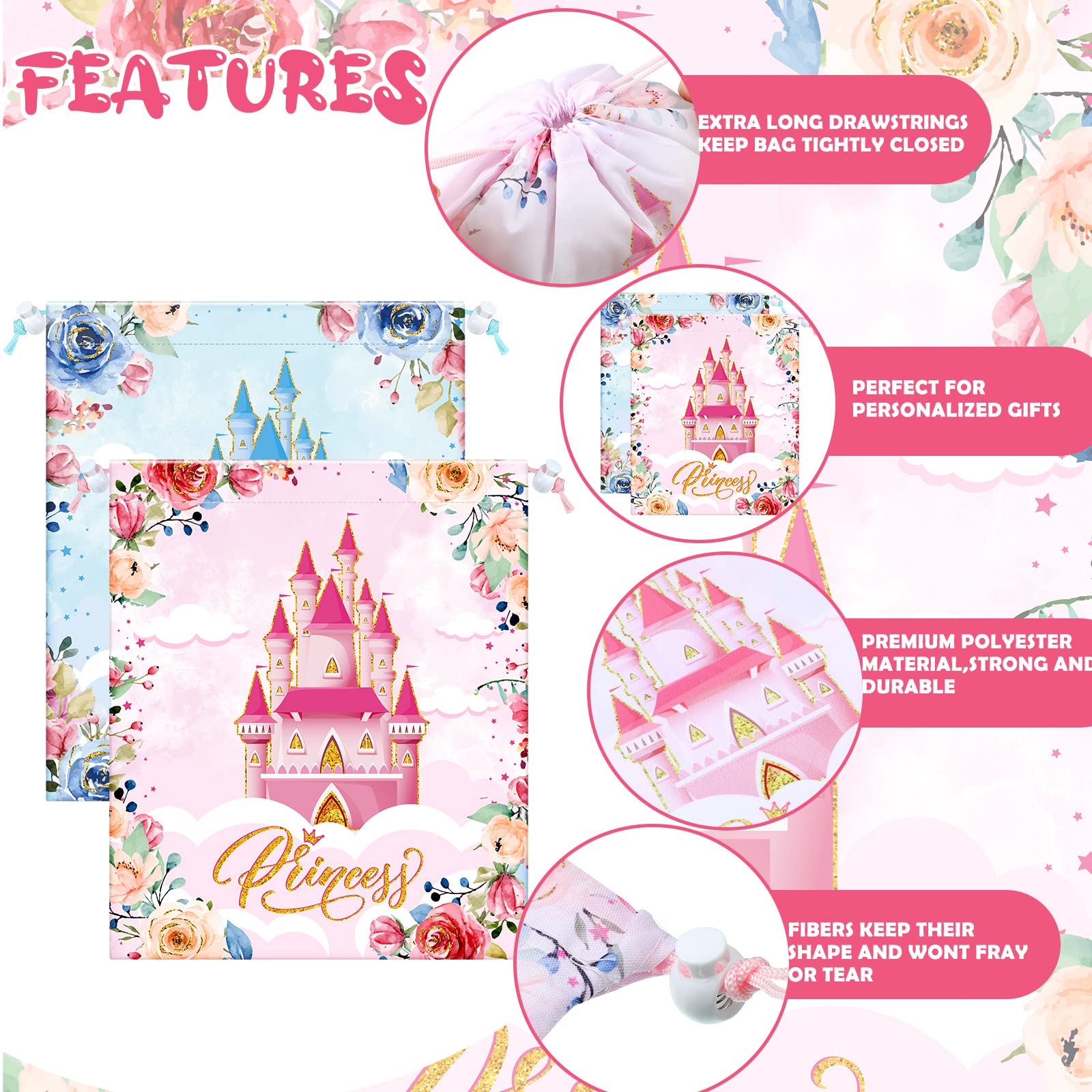 Riakrum 24 Pcs Prince Princess Party Favor Bags Pink Blue Drawstring Princess Goodie Bags Floral Castle Prince Princess Gift Bags Candy Bags for Birthday Baby Shower Decoration Supplies 11.8 x 9.8''