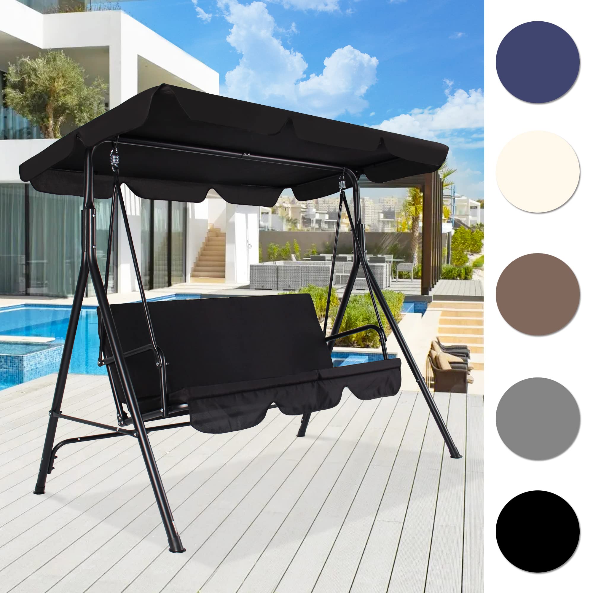 Funny Sunny Outdoor Patio Swing Chair with Canopy,3 Seater Porch Swing Chair with Adjustable Canopy and Removable Cushion for Patio Garden Poolside Balcony Backyard, Black