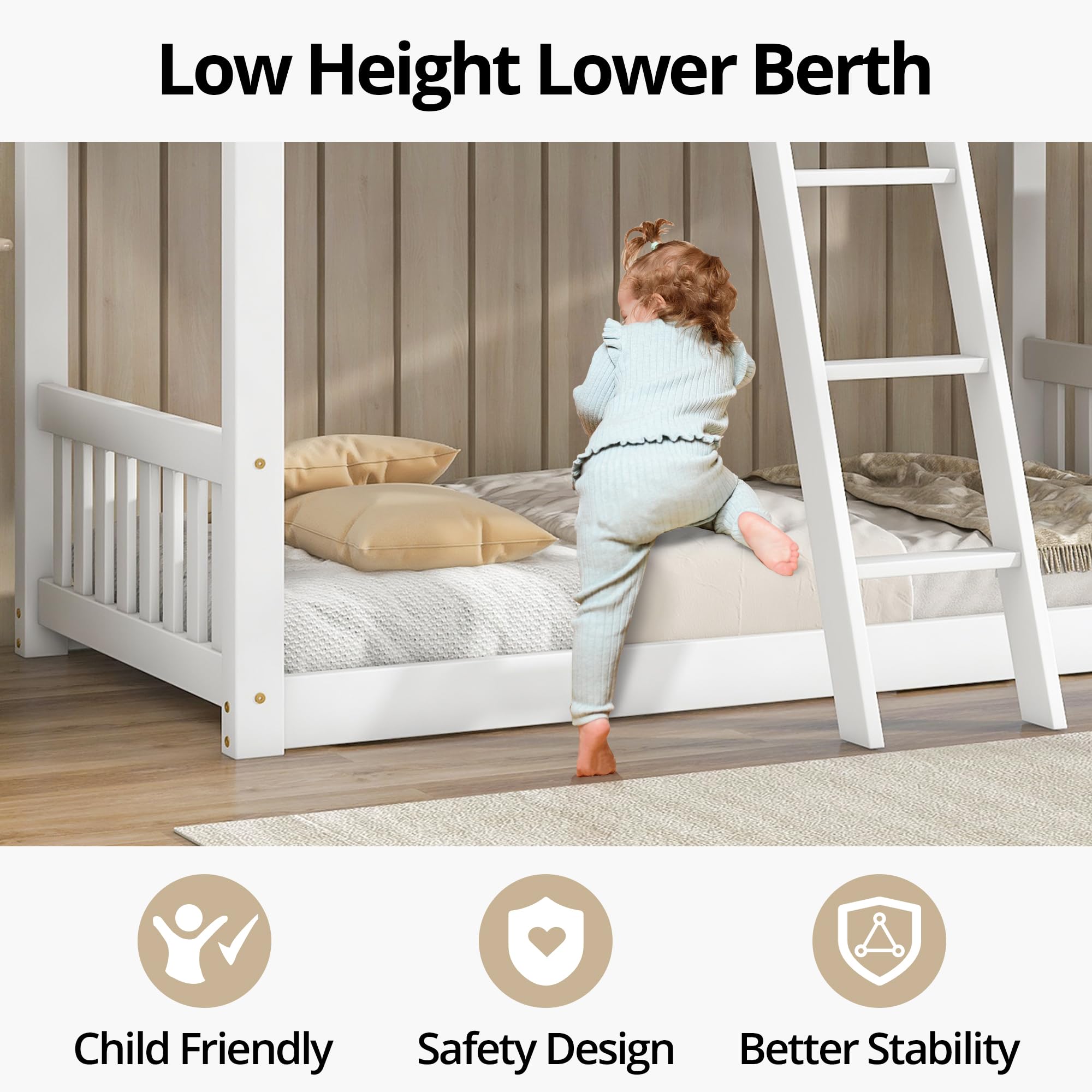 Bunk Bed Twin Over Twin with Roof, Wood House Bunk Bed with Door, Windows, Twin Bunk Bed Frame with Heightened Guardrails and Widen Ladder for Boys Girls, 81.7" L x 57.8" W x 86.9" H, White