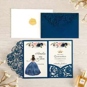 DORIS HOME 50pcs Laser Cut Quinceanera Invitations Blue, 4.7x7.1 Personalized Quince Invitations for 15th Birthday, Invitation cards for Sweet 16 with Envelopes