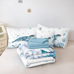 Sea Turtle Comforter Ocean Themed Bedding Sets 6 Pieces Twin Bed in A Bag Teal Blue Turtle Sea Horse Animal Cartoon Pattern Beach Coastal Bedding Comforter (Sea Turtle, Twin)