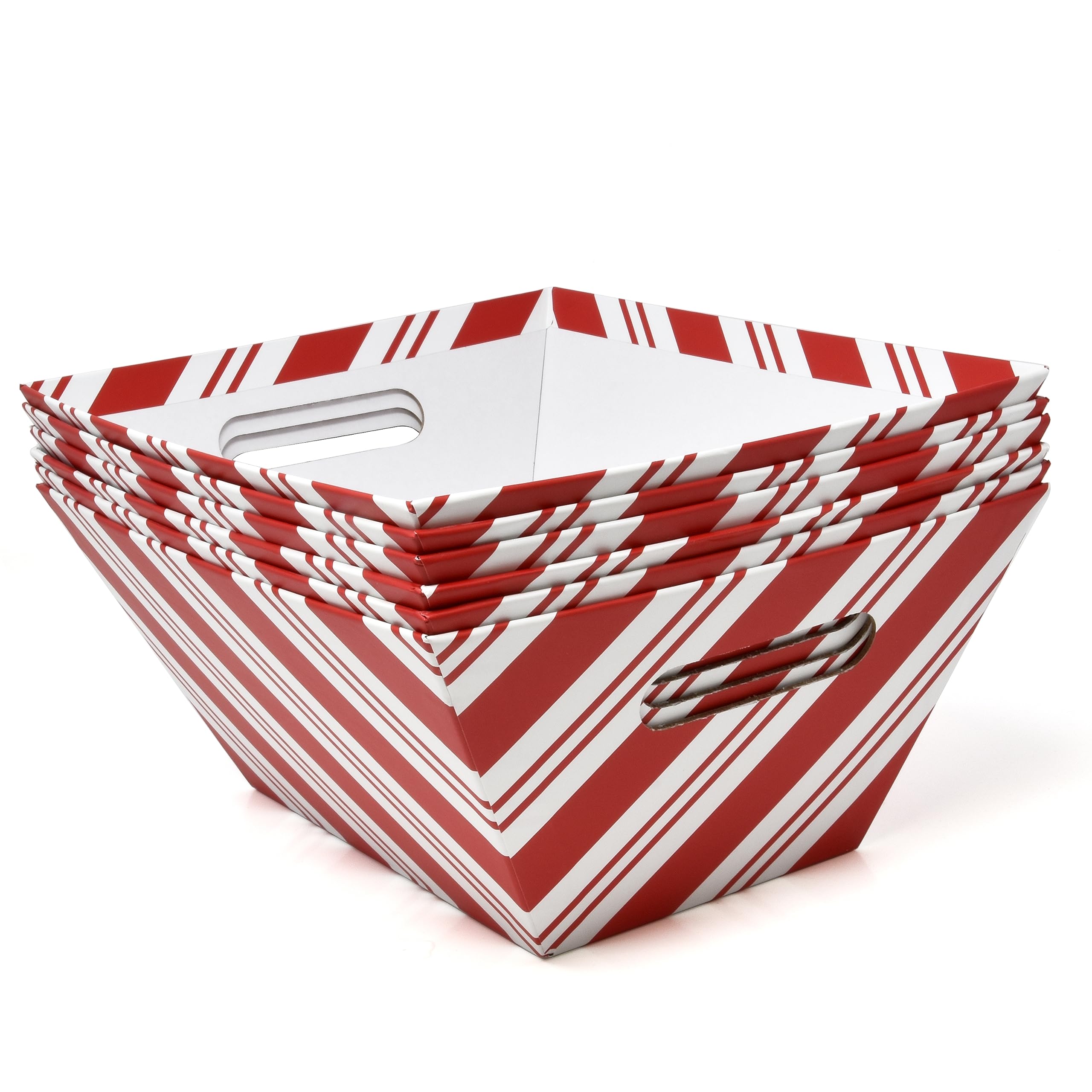 Gift Boutique 6 Pack Christmas Candy Cane Striped Gift Baskets 8" x 10" Rectangle Red & White Stripes Empty Gift Basket with Handles Cardboard Market Tray for Holiday Decorative Present Wrapping