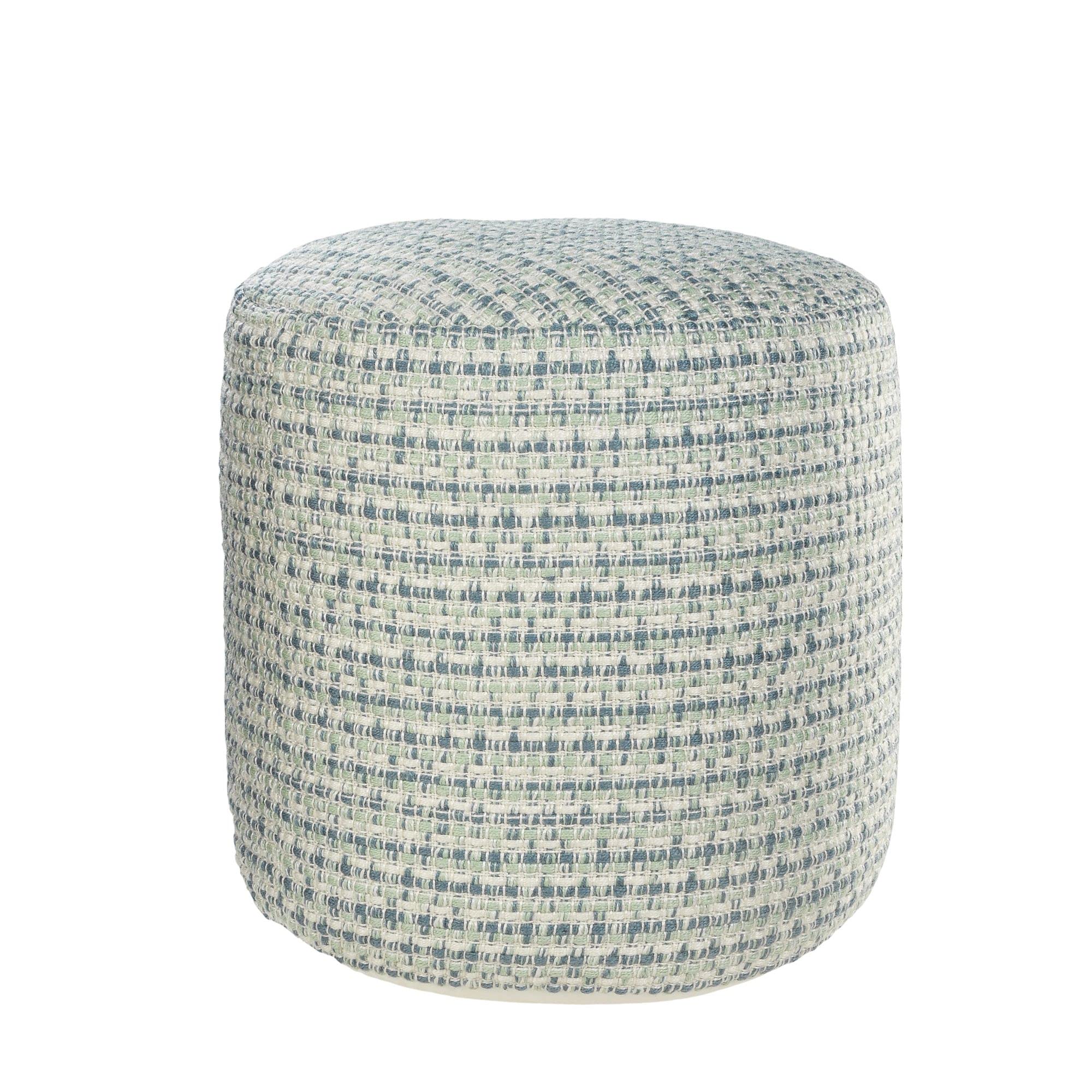 CC Home Furnishings 20" Blue and Green Interwoven Coastal Round Outdoor Patio Pouf Ottoman