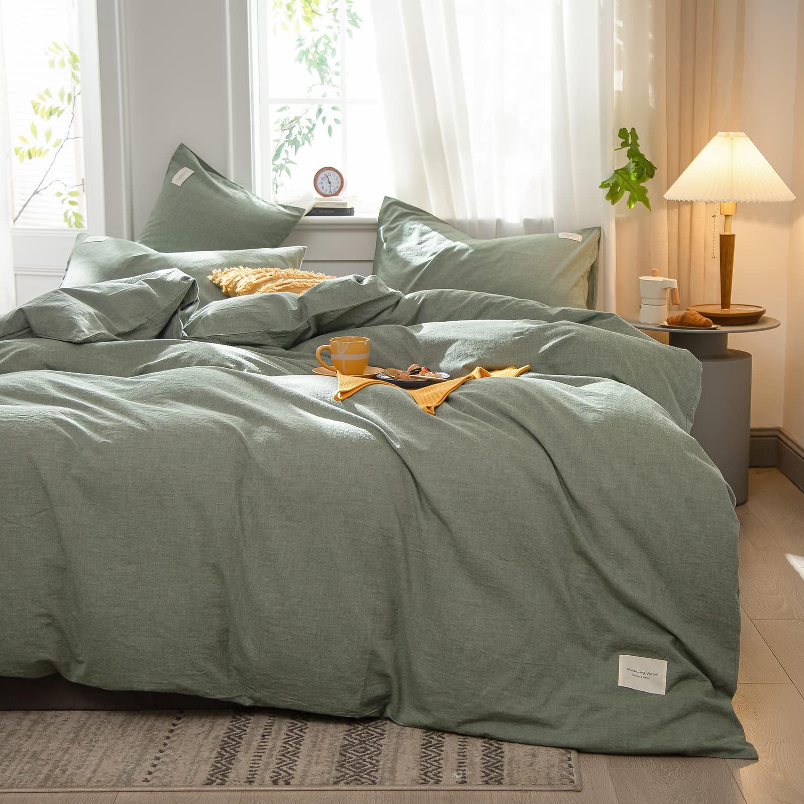 OS OMYSTYLE Sage Green Duvet Cover King Size 100% Washed Cotton Linen Like Textured for All Seasons, 3 Pieces Ultra-Soft Solid Color Bedding Set with Zipper Closure, 1Pc Duvet Cover 2Pcs Pillowcases