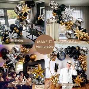 Black and Gold Silver Balloon garland arch kit 135Pcs With Starburst 4D agate balloons for Birthday 2025 new year eve graduation retirement Party Decorations