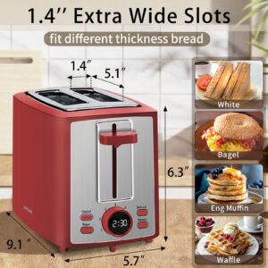 SEEDEEM Toaster 2 Slice, Bread Toaster with LCD Display, 7 Shade Settings, 1.４'' Variable Extra Wide Slots Toaster with Cancel, Bagel, Defrost, Reheat Functions, Removable Crumb Tray, 900W, Retro Red