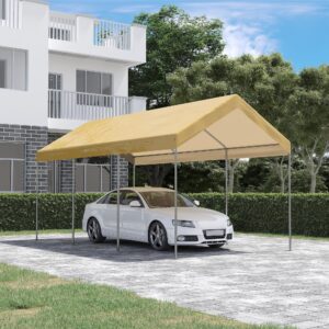 Outsunny 10' x 20' Party Tent and Carport, Height Adjustable Portable Garage, Outdoor Canopy Tent 8 Legs Without Sidewalls for Car, Truck, Boat, Motorcycle, Bike, Garden Tools, Beige