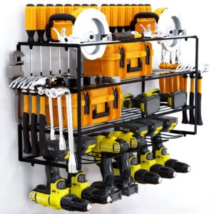 power tool organizer large - wall mount with 4-layers,7 drill holders, premium, strong, durable tool organizer rack, holds up to 250lbs - easy installation, storage for screwdrivers,pliers,hammers