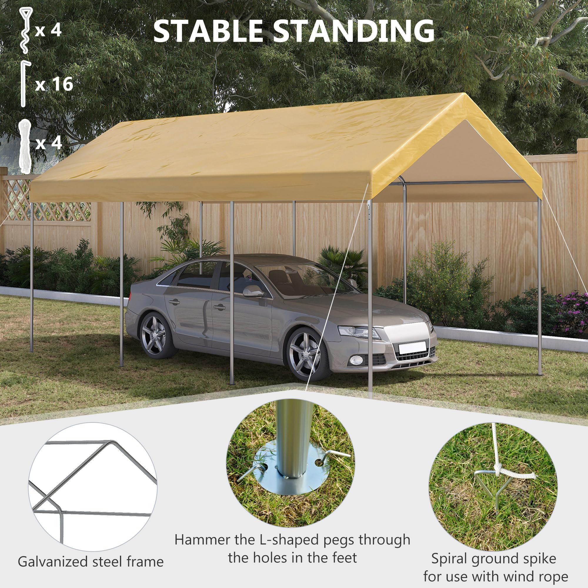 Outsunny 10' x 20' Party Tent and Carport, Height Adjustable Portable Garage, Outdoor Canopy Tent 8 Legs Without Sidewalls for Car, Truck, Boat, Motorcycle, Bike, Garden Tools, Beige