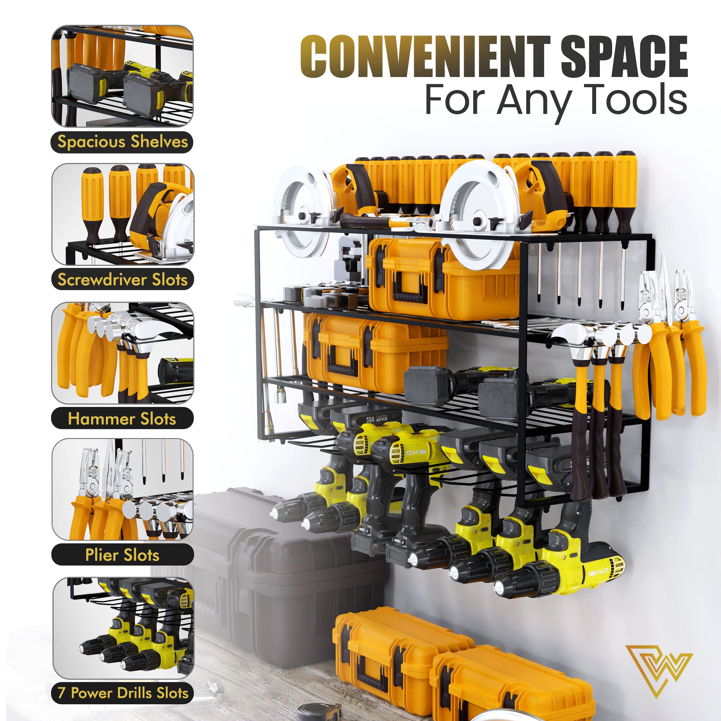 Power Tool Organizer Large - Wall Mount with 4-Layers,7 Drill Holders, Premium, Strong, Durable Tool Organizer Rack, Holds Up to 250lbs - Easy Installation, Storage for Screwdrivers,Pliers,Hammers