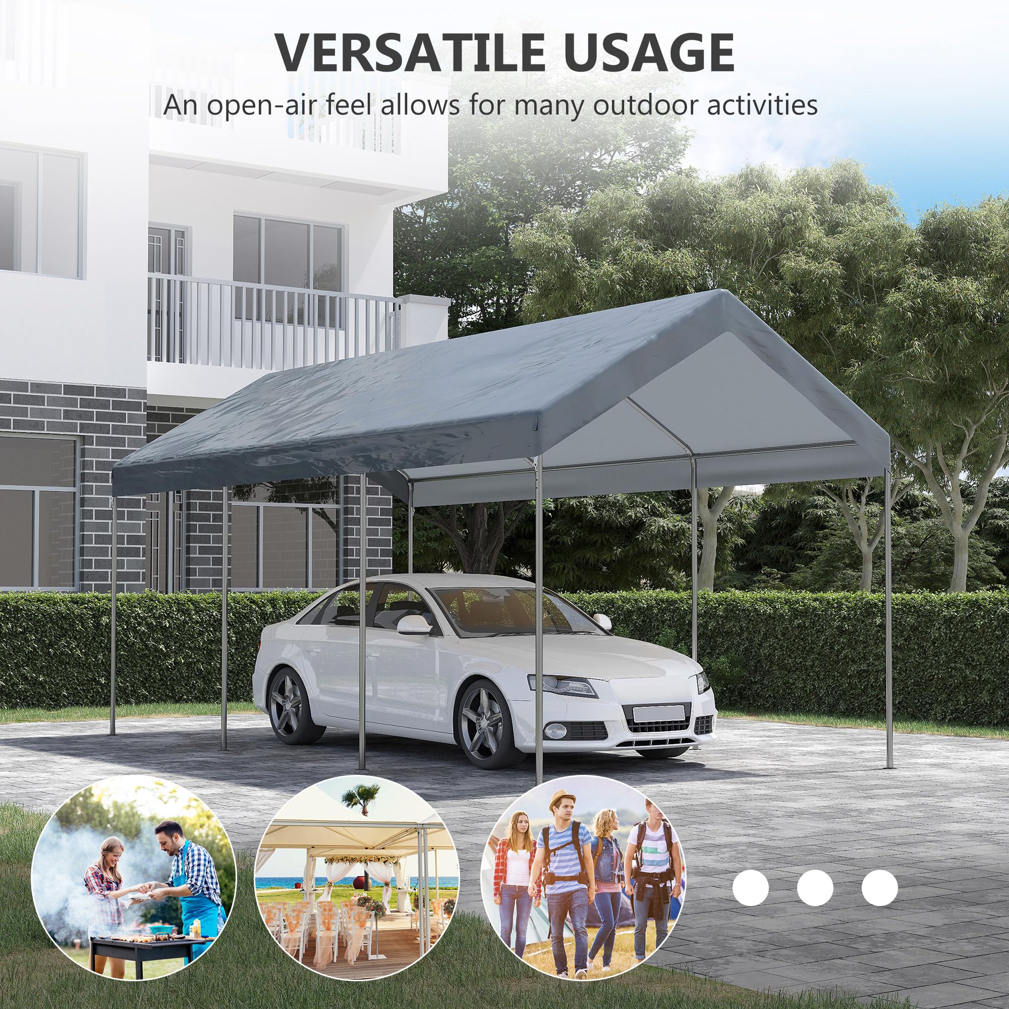 Outsunny 10' x 20' Party Tent and Carport, Height Adjustable Portable Garage, Outdoor Canopy Tent 8 Legs Without Sidewalls for Car, Truck, Boat, Motorcycle, Bike, Garden Tools, Gray