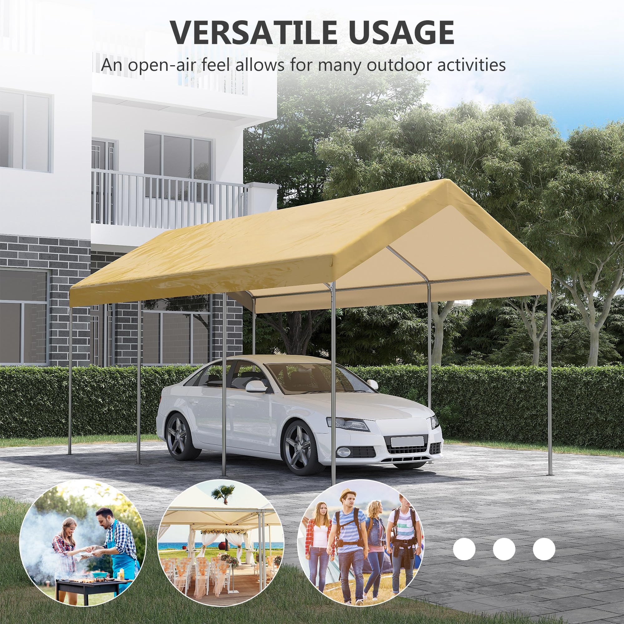 Outsunny 10' x 20' Party Tent and Carport, Height Adjustable Portable Garage, Outdoor Canopy Tent 8 Legs Without Sidewalls for Car, Truck, Boat, Motorcycle, Bike, Garden Tools, Beige