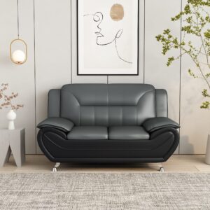 Container Furniture Direct Modern Style Faux Leather Loveseat with Extra Comfortable Pillow Top Armrests Ideal for Living Room, Bedroom or Home Office Couch, 61.3’’ Wide, Grey/Black