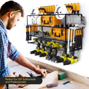 Power Tool Organizer Large - Wall Mount with 4-Layers,7 Drill Holders, Premium, Strong, Durable Tool Organizer Rack, Holds Up to 250lbs - Easy Installation, Storage for Screwdrivers,Pliers,Hammers