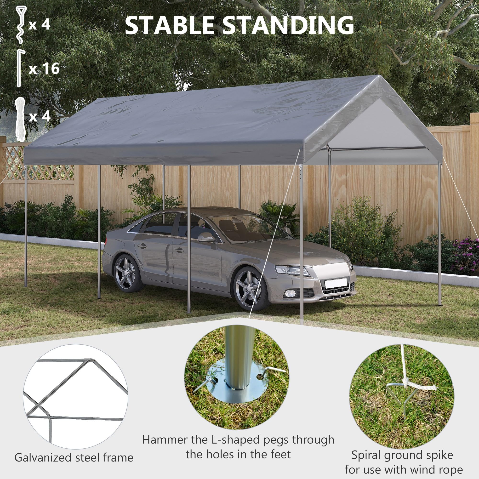 Outsunny 10' x 20' Party Tent and Carport, Height Adjustable Portable Garage, Outdoor Canopy Tent 8 Legs Without Sidewalls for Car, Truck, Boat, Motorcycle, Bike, Garden Tools, Gray