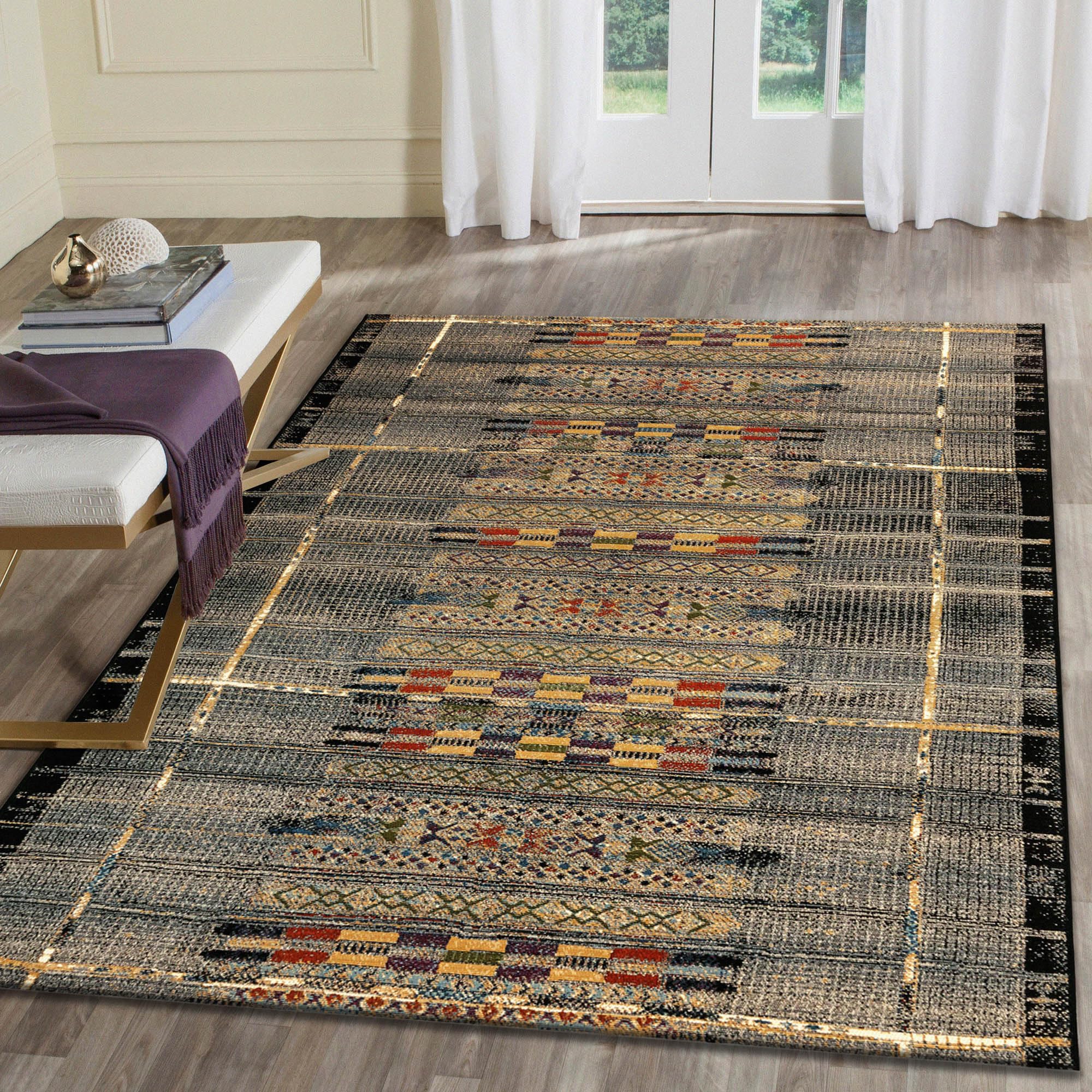 Liora Manne Marina Indoor/Outdoor Power Loomed Synthetic Blend Low Profile Area Rug - Traditional Geometric Casual Southwestern Colorful (Tribal Stripe Black) (8'10" x 11'9")