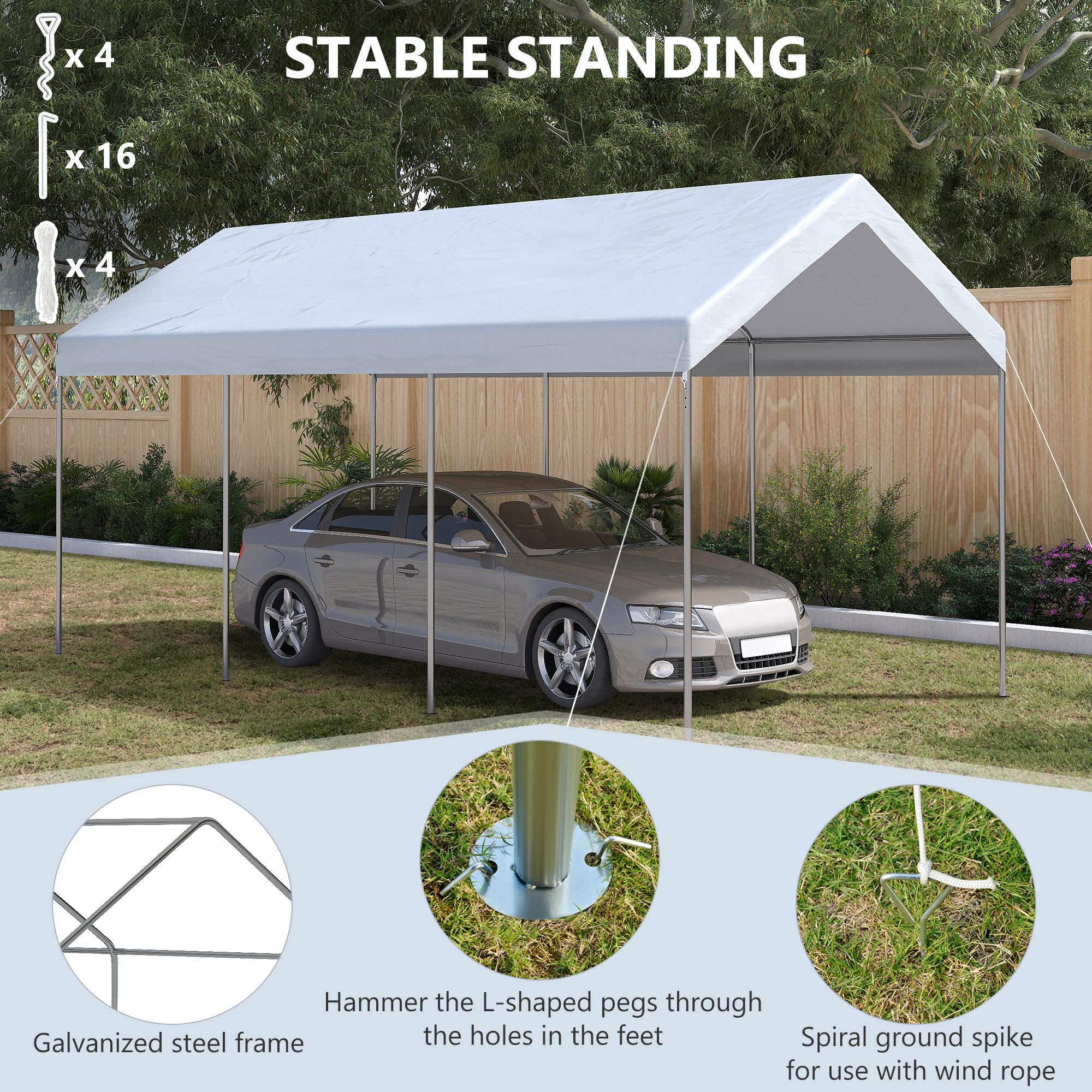 Outsunny 10' x 20' Party Tent and Carport, Height Adjustable Portable Garage, Outdoor Canopy Tent 8 Legs Without Sidewalls for Car, Truck, Boat, Motorcycle, Bike, Garden Tools, White