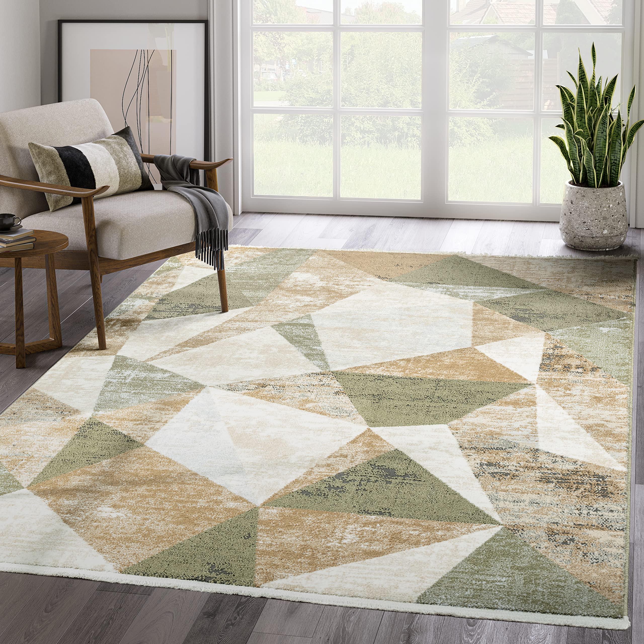 Abani Savoy Collection Area Rug - Green and Cream Geometric Design - 6'x9' - Easy to Clean - Durable for Kids and Pets - Non-Shedding - Medium Pile - Soft Feel - for Living Room, Bedroom, and Office