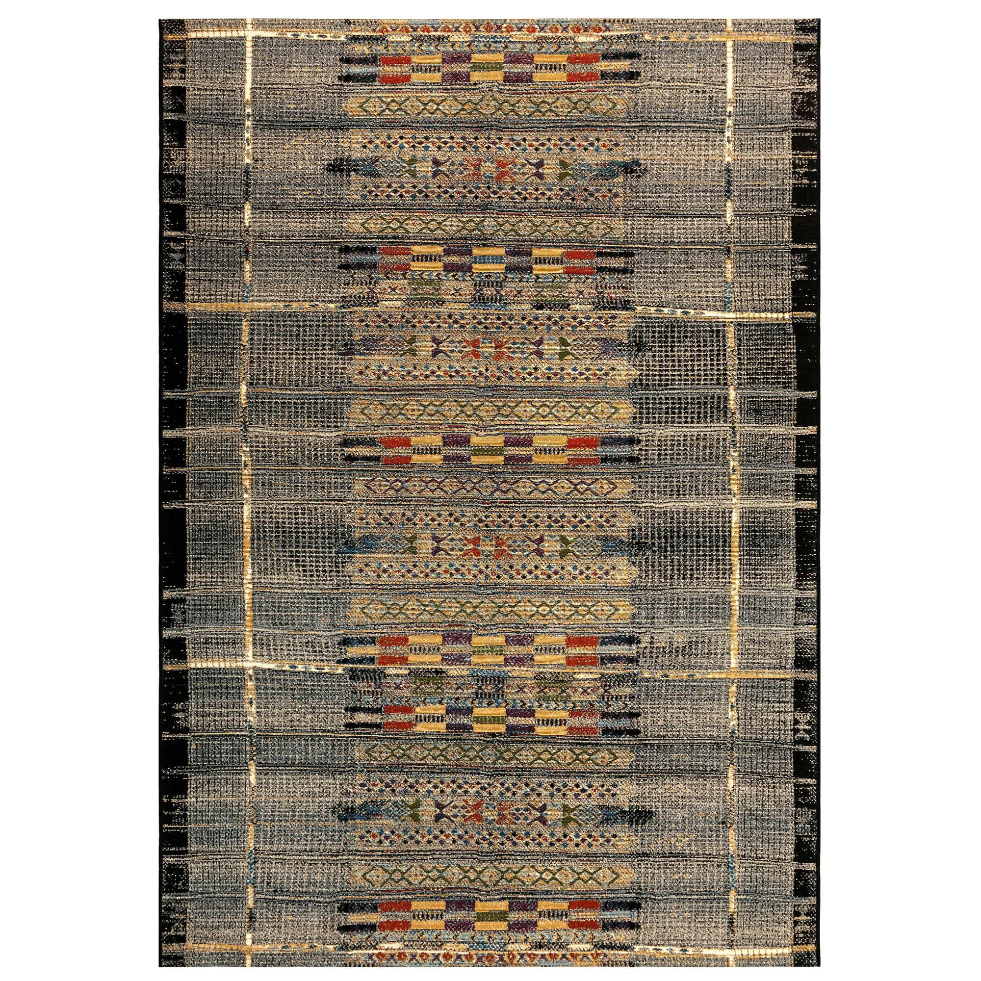 Liora Manne Marina Indoor/Outdoor Power Loomed Synthetic Blend Low Profile Area Rug - Traditional Geometric Casual Southwestern Colorful (Tribal Stripe Black) (8'10" x 11'9")