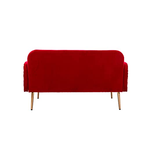 55" Small Velvet Couch with Elegant Moon Shape Pillows, Twin Size Loveseat Accent Sofa with Golden Metal Legs, Living Room Sofa with Tufted Backrest, 600 Pounds Weight Capacity (Red)