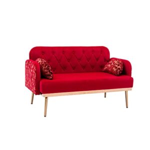 55" Small Velvet Couch with Elegant Moon Shape Pillows, Twin Size Loveseat Accent Sofa with Golden Metal Legs, Living Room Sofa with Tufted Backrest, 600 Pounds Weight Capacity (Red)