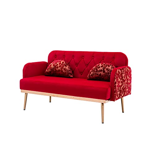 55" Small Velvet Couch with Elegant Moon Shape Pillows, Twin Size Loveseat Accent Sofa with Golden Metal Legs, Living Room Sofa with Tufted Backrest, 600 Pounds Weight Capacity (Red)