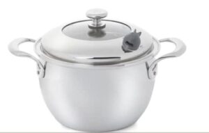 princess house vida sana stainless steel 7-qt. pot dutch oven 5-ply with nutri-steam valve signals when cookware reaches the proper temperature offering the option to position the valve for healthier or traditional cooking.