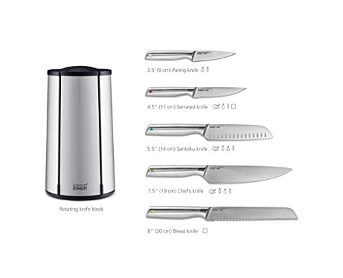 Joseph Joseph Elevate - Steel Knives Carousel 5-Piece Set with Rotating Stainless-Steel Knife Block, Japanese Stainless-Steel Blades, Fingerprint-Proof Coating and Non-Slip Base, Kitchen Accessories