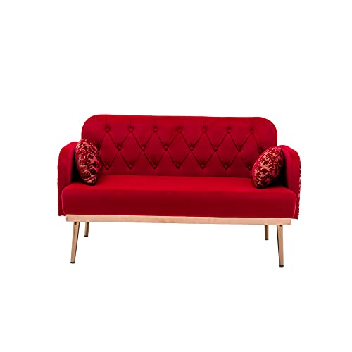 55" Small Velvet Couch with Elegant Moon Shape Pillows, Twin Size Loveseat Accent Sofa with Golden Metal Legs, Living Room Sofa with Tufted Backrest, 600 Pounds Weight Capacity (Red)