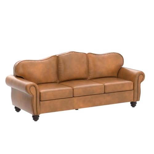 HULALA HOME 81'' Upholstered Leather Sofa with Nailhead Trim and Rolled Armrests, Mid-Century Modern Living Room 3-Seater Couch, Camel Couch with Removable Cushion for Bedroom Apartment