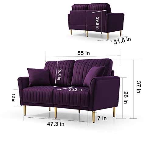 kevinplus 55'' Purple Velvet Loveseat Sofa Couch for Living Room, Modern Luxury Upholstered Sofa with Metal Legs, 2-Seater Sofa Couch for Bedroom Apartment Small Spaces Office, Purple