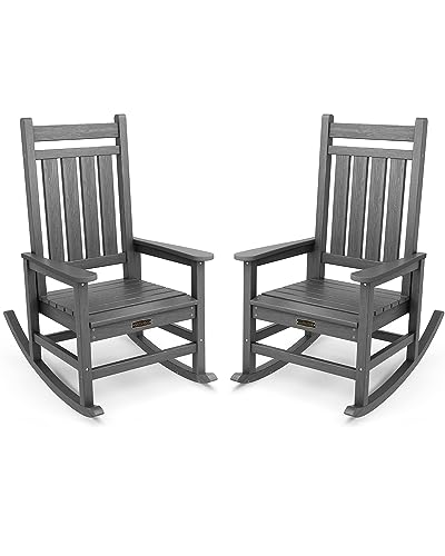 SERWALL Outdoor Rocking Chair Set of 2, HDPE Rocking Chairs for Adult, All Weather Porch Rockers for Lawn Garden, Grey