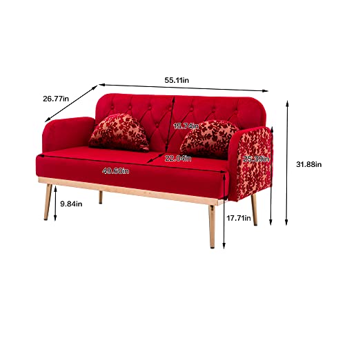 55" Small Velvet Couch with Elegant Moon Shape Pillows, Twin Size Loveseat Accent Sofa with Golden Metal Legs, Living Room Sofa with Tufted Backrest, 600 Pounds Weight Capacity (Red)