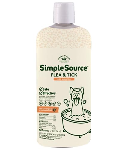 SimpleSource® Flea & Tick Shampoo for Dogs, Powered by Plants, Kills Fleas, Flea Eggs, Flea Larvae, & Ticks, & Mosquitos, Cleans & Deodorizes, 12oz Bottle