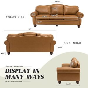 HULALA HOME 81'' Upholstered Leather Sofa with Nailhead Trim and Rolled Armrests, Mid-Century Modern Living Room 3-Seater Couch, Camel Couch with Removable Cushion for Bedroom Apartment