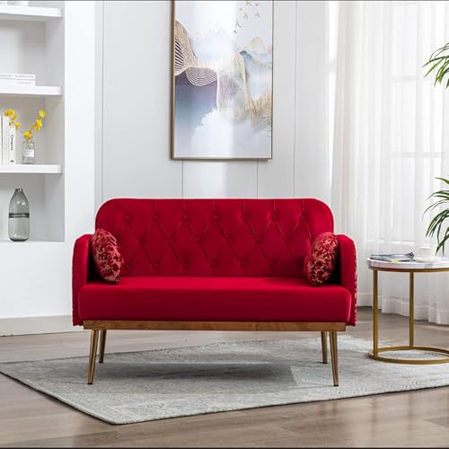 55" Small Velvet Couch with Elegant Moon Shape Pillows, Twin Size Loveseat Accent Sofa with Golden Metal Legs, Living Room Sofa with Tufted Backrest, 600 Pounds Weight Capacity (Red)