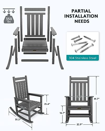 SERWALL Outdoor Rocking Chair Set of 2, HDPE Rocking Chairs for Adult, All Weather Porch Rockers for Lawn Garden, Grey