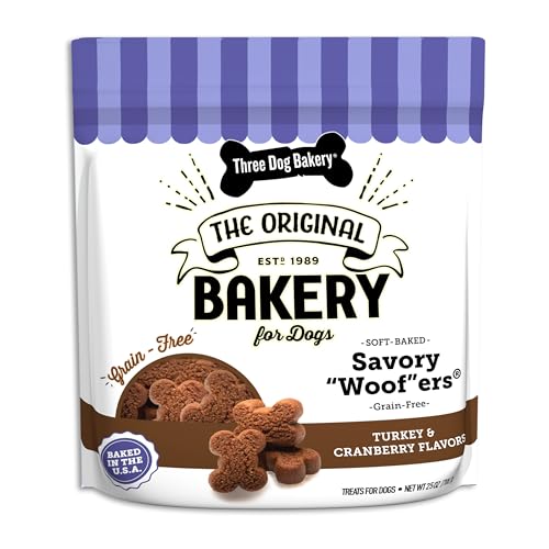 Three Dog Bakery Soft Baked Grain Free Meaty Woofers, Turkey and Cranberry Flavor, Premium Treats for Dogs, Brown, 25 oz