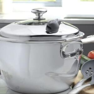 Princess House Vida Sana Stainless Steel 7-Qt. Pot Dutch Oven 5-Ply with Nutri-Steam Valve Signals When Cookware Reaches the Proper Temperature Offering the Option to Position the Valve for Healthier or Traditional Cooking.