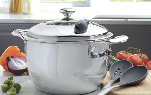 Princess House Vida Sana Stainless Steel 7-Qt. Pot Dutch Oven 5-Ply with Nutri-Steam Valve Signals When Cookware Reaches the Proper Temperature Offering the Option to Position the Valve for Healthier or Traditional Cooking.