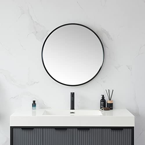 VINNOVA Cascante 28 in. W x 28 in. H Round Metal Wall Mirror in Brushed Black